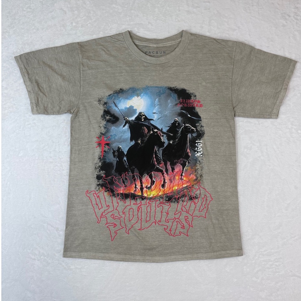 PacSun Mens Graphic T-Shirt S Tan Skeletal Horsemen Always Forward 199X NWOT